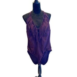 Mossimo Women's Swimsuit Fringe Neckline Halter  Size  Large  One Piece Purple